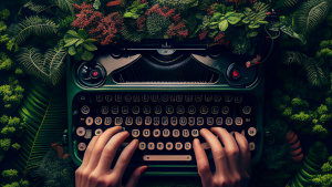 Eine Schreibmaschine vor dem Hintergrund von wuchernden Pflanzen